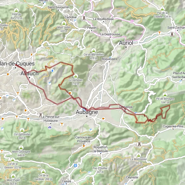 Map miniature of "Gravel Route around Plan-de-Cuques" cycling inspiration in Provence-Alpes-Côte d’Azur, France. Generated by Tarmacs.app cycling route planner