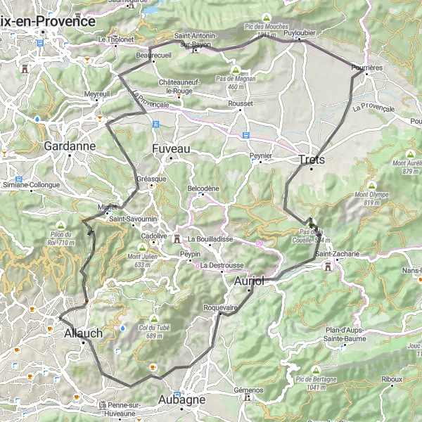 Mapa miniatúra "Výnimočná cesta Col Sainte-Anne až Moulin Luis Ricard" cyklistická inšpirácia v Provence-Alpes-Côte d’Azur, France. Vygenerované cyklistickým plánovačom trás Tarmacs.app