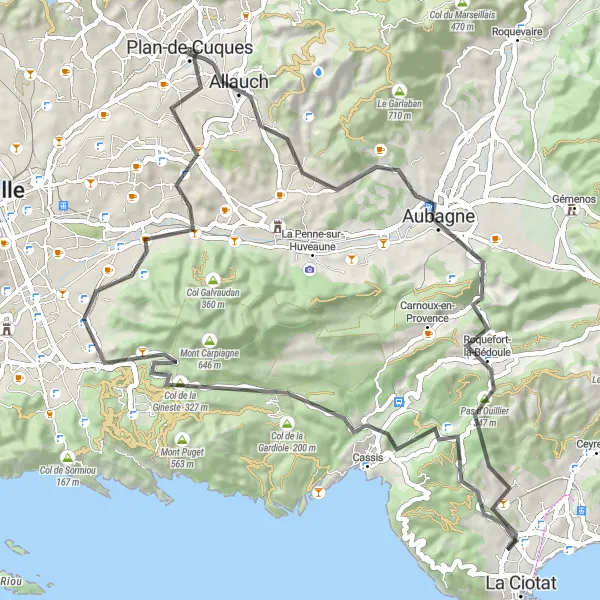 Map miniature of "Provence's Charm" cycling inspiration in Provence-Alpes-Côte d’Azur, France. Generated by Tarmacs.app cycling route planner