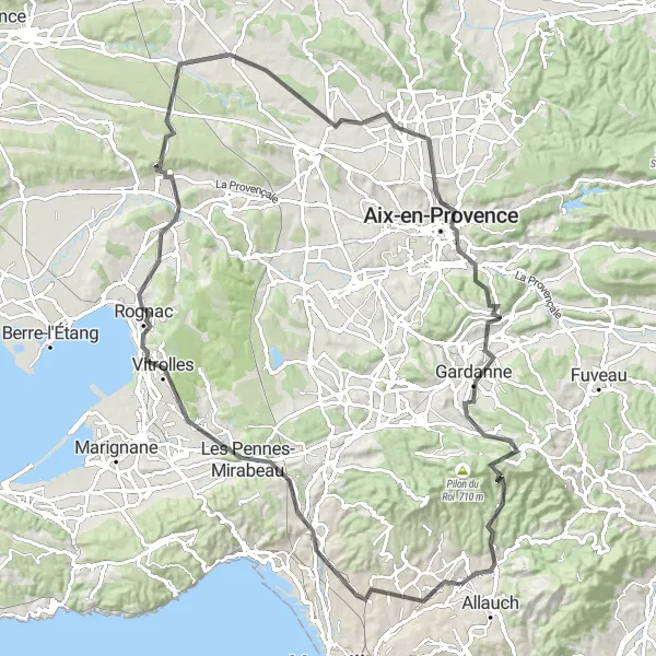 Miniature de la carte de l'inspiration cycliste "Challenge autour d'Aix-en-Provence" dans la Provence-Alpes-Côte d’Azur, France. Générée par le planificateur d'itinéraire cycliste Tarmacs.app