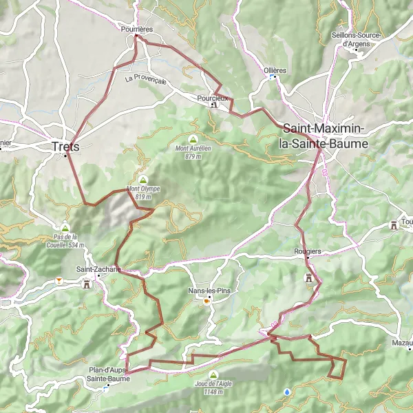 Miniatuurkaart van de fietsinspiratie "Gravelroute van Pourrières naar Saint-Jean du Puy" in Provence-Alpes-Côte d’Azur, France. Gemaakt door de Tarmacs.app fietsrouteplanner