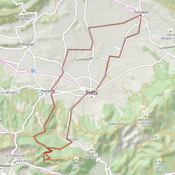 Miniature de la carte de l'inspiration cycliste "Boucle de Vélo Gravel au départ de Pourrières" dans la Provence-Alpes-Côte d’Azur, France. Générée par le planificateur d'itinéraire cycliste Tarmacs.app