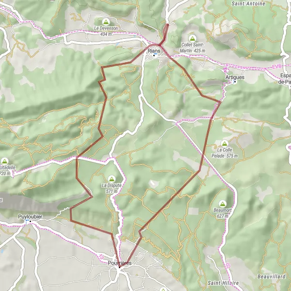 Miniaturní mapa "Trasa Gravel od Pourrières" inspirace pro cyklisty v oblasti Provence-Alpes-Côte d’Azur, France. Vytvořeno pomocí plánovače tras Tarmacs.app