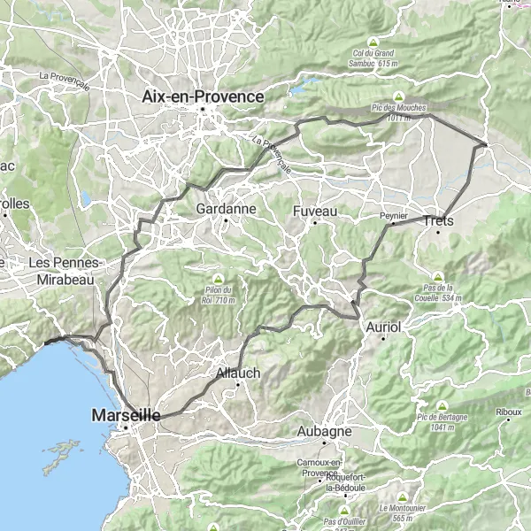 Miniaturní mapa "Okružní cyklistická trasa Pourrières - 16. obvod" inspirace pro cyklisty v oblasti Provence-Alpes-Côte d’Azur, France. Vytvořeno pomocí plánovače tras Tarmacs.app