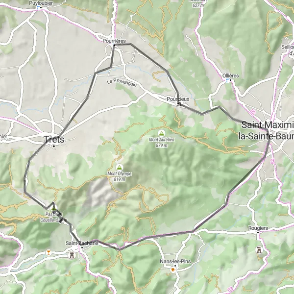 Miniaturní mapa "Okružní cesta okolo Pourrières" inspirace pro cyklisty v oblasti Provence-Alpes-Côte d’Azur, France. Vytvořeno pomocí plánovače tras Tarmacs.app