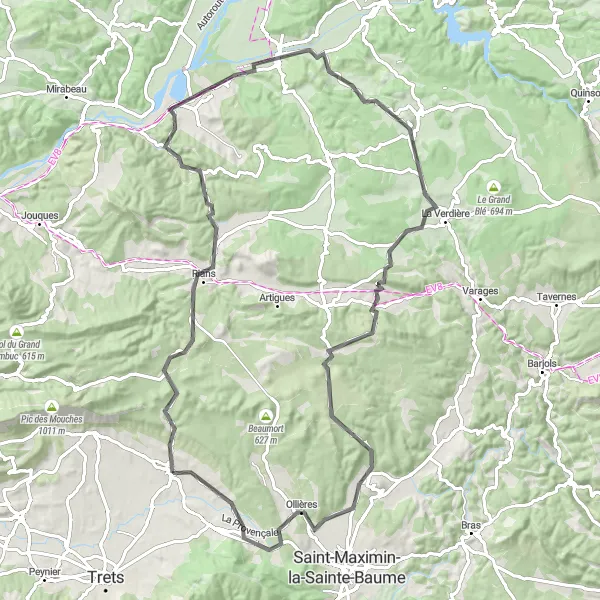 Karten-Miniaturansicht der Radinspiration "Herausforderung im Hinterland von Pourrières" in Provence-Alpes-Côte d’Azur, France. Erstellt vom Tarmacs.app-Routenplaner für Radtouren