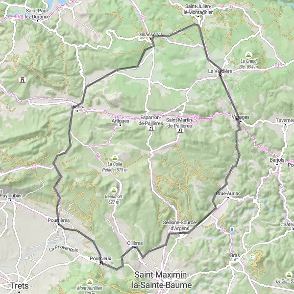 Karttaminiaatyyri "Pourrières - Ginasservis road tour" pyöräilyinspiraatiosta alueella Provence-Alpes-Côte d’Azur, France. Luotu Tarmacs.app pyöräilyreittisuunnittelijalla