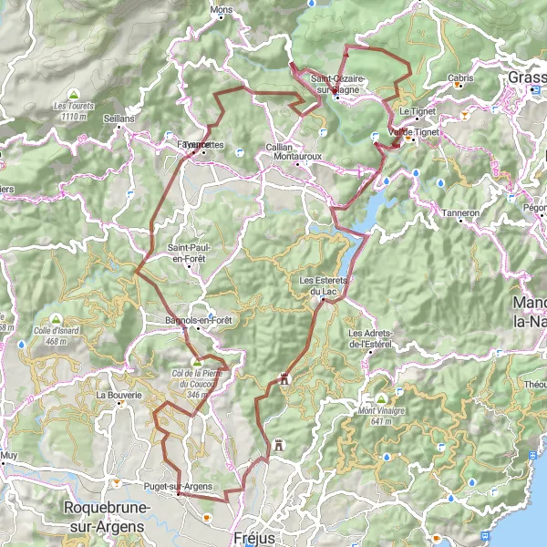 Miniaturní mapa "Gravelová expedice poblíž Puget-sur-Argens" inspirace pro cyklisty v oblasti Provence-Alpes-Côte d’Azur, France. Vytvořeno pomocí plánovače tras Tarmacs.app