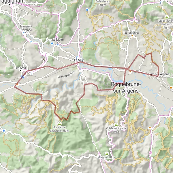 Zemljevid v pomanjšavi "Gravel route around Puget-sur-Argens" kolesarske inspiracije v Provence-Alpes-Côte d’Azur, France. Generirano z načrtovalcem kolesarskih poti Tarmacs.app