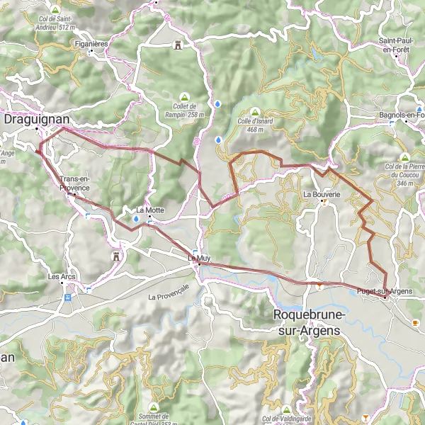 Mapa miniatúra "Jazda po štrkových cestách okolo Le Muy" cyklistická inšpirácia v Provence-Alpes-Côte d’Azur, France. Vygenerované cyklistickým plánovačom trás Tarmacs.app