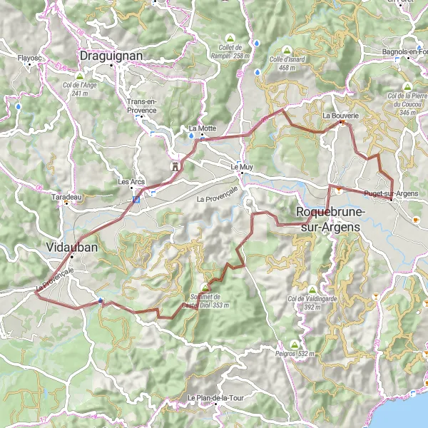 Mapa miniatúra "Cyklotúra na štrkových cestách okolo Puget-sur-Argens" cyklistická inšpirácia v Provence-Alpes-Côte d’Azur, France. Vygenerované cyklistickým plánovačom trás Tarmacs.app