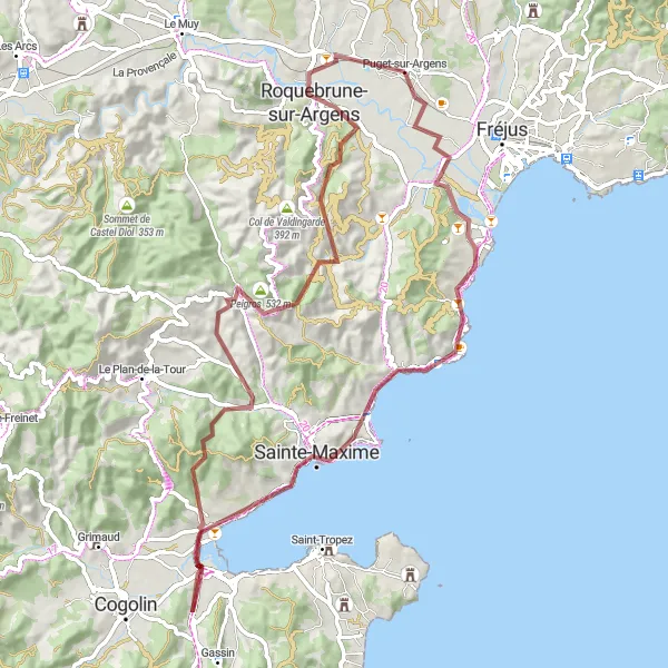 Miniatua del mapa de inspiración ciclista "Ruta de Gravel en Les Issambres" en Provence-Alpes-Côte d’Azur, France. Generado por Tarmacs.app planificador de rutas ciclistas