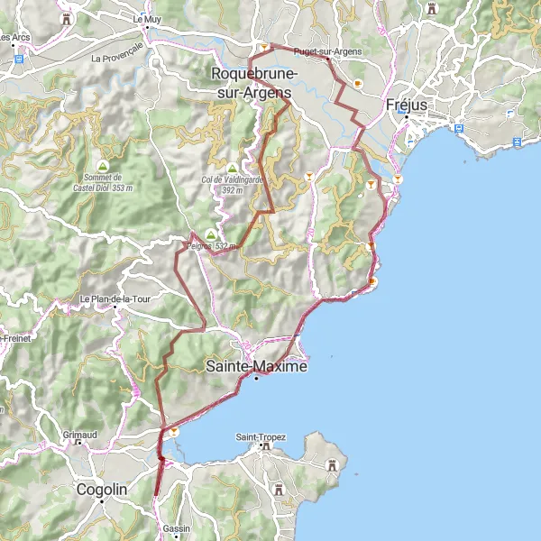 Map miniature of "Scenic Gravel Adventure" cycling inspiration in Provence-Alpes-Côte d’Azur, France. Generated by Tarmacs.app cycling route planner