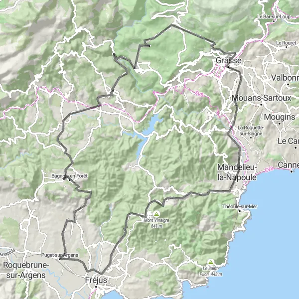 Miniaturní mapa "Jedinečná trasa kolem Puget-sur-Argens" inspirace pro cyklisty v oblasti Provence-Alpes-Côte d’Azur, France. Vytvořeno pomocí plánovače tras Tarmacs.app