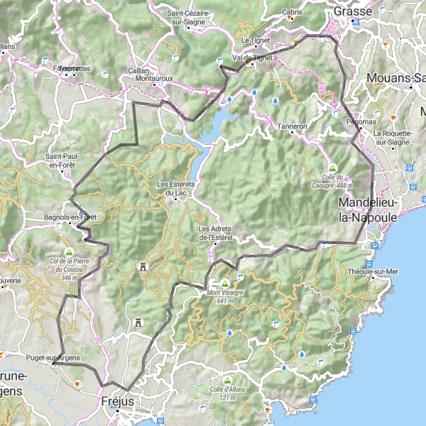 Kartminiatyr av "Puget-sur-Argens til Pagode Hông Hiên Tu via Col du Testanier" sykkelinspirasjon i Provence-Alpes-Côte d’Azur, France. Generert av Tarmacs.app sykkelrutoplanlegger