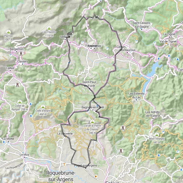 Miniatua del mapa de inspiración ciclista "Ruta de montaña hacia Bagnols-en-Forêt" en Provence-Alpes-Côte d’Azur, France. Generado por Tarmacs.app planificador de rutas ciclistas