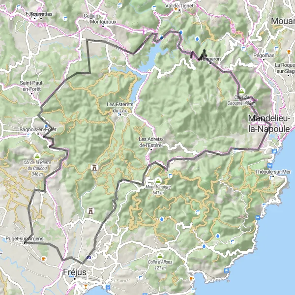 Mapa miniatúra "Okruh pohoria Esterel s panoramatickými výhľadmi" cyklistická inšpirácia v Provence-Alpes-Côte d’Azur, France. Vygenerované cyklistickým plánovačom trás Tarmacs.app