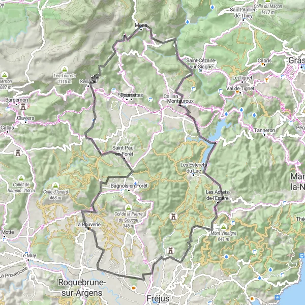 Zemljevid v pomanjšavi "Pot od Puget-sur-Argensa" kolesarske inspiracije v Provence-Alpes-Côte d’Azur, France. Generirano z načrtovalcem kolesarskih poti Tarmacs.app