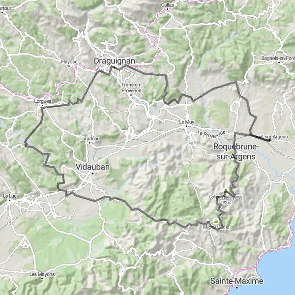 Miniatua del mapa de inspiración ciclista "Ruta de ciclismo por carretera en Puget-sur-Argens" en Provence-Alpes-Côte d’Azur, France. Generado por Tarmacs.app planificador de rutas ciclistas
