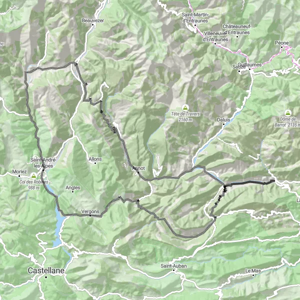 Miniatua del mapa de inspiración ciclista "Ruta hacia Entrevaux" en Provence-Alpes-Côte d’Azur, France. Generado por Tarmacs.app planificador de rutas ciclistas