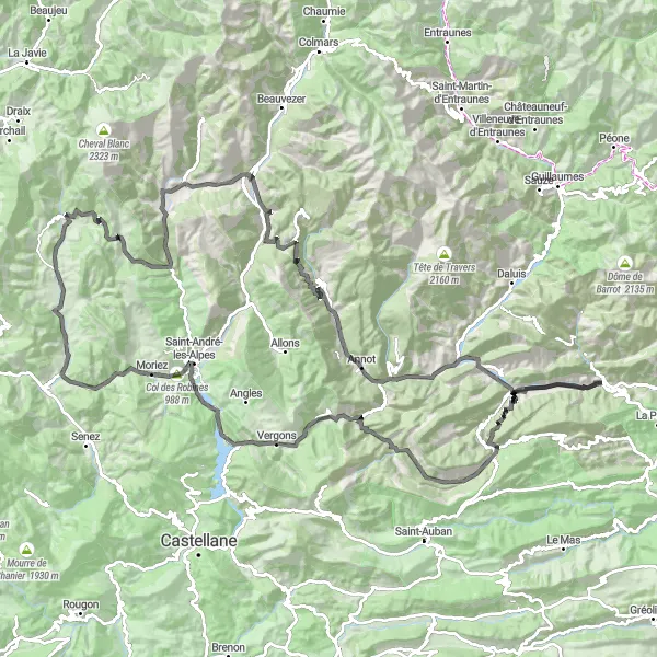 Mapa miniatúra "Trasa cez Col de Félines a Lac de Castillon" cyklistická inšpirácia v Provence-Alpes-Côte d’Azur, France. Vygenerované cyklistickým plánovačom trás Tarmacs.app