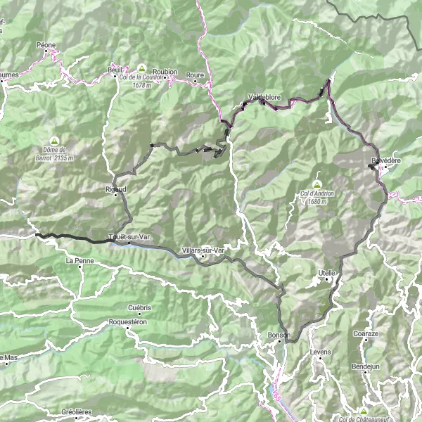 Zemljevid v pomanjšavi "Ekstremna kolesarska avantura v Alpah" kolesarske inspiracije v Provence-Alpes-Côte d’Azur, France. Generirano z načrtovalcem kolesarskih poti Tarmacs.app