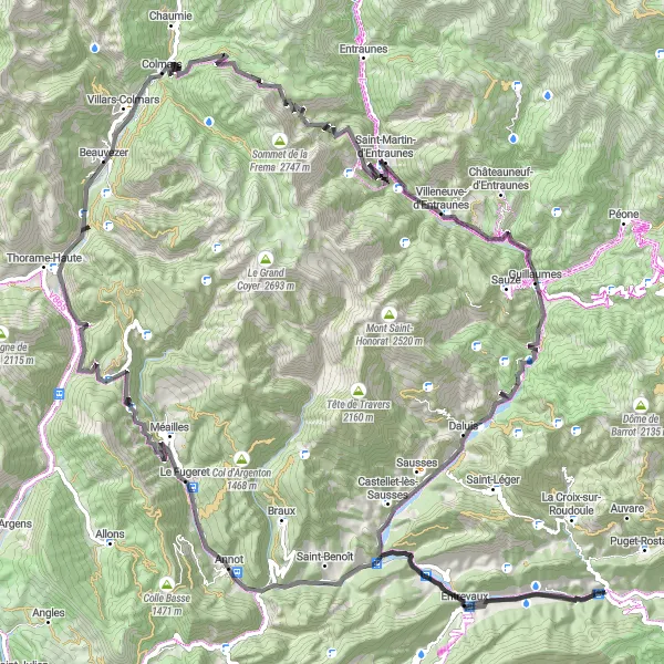 Kartminiatyr av "Mountain Passes and Scenic Vistas Road Cycling Tour" cykelinspiration i Provence-Alpes-Côte d’Azur, France. Genererad av Tarmacs.app cykelruttplanerare