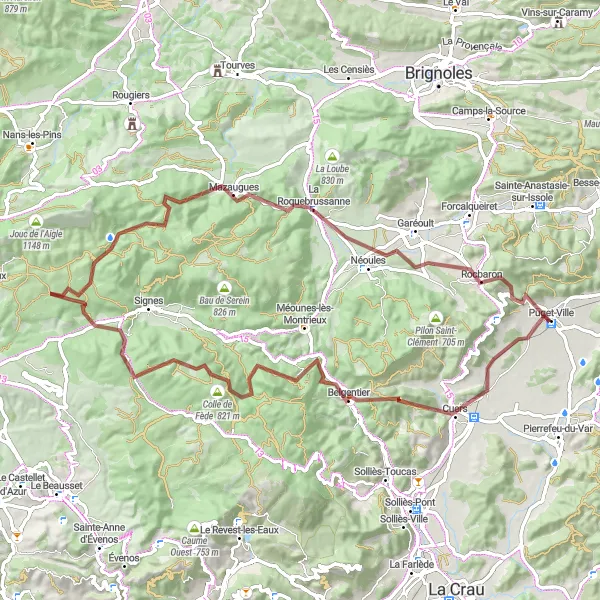 Zemljevid v pomanjšavi "Raziskovanje Naravne Lepote" kolesarske inspiracije v Provence-Alpes-Côte d’Azur, France. Generirano z načrtovalcem kolesarskih poti Tarmacs.app