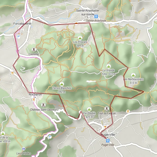 Miniaturní mapa "Gravelový okruh Puget-Ville - Forcalqueiret" inspirace pro cyklisty v oblasti Provence-Alpes-Côte d’Azur, France. Vytvořeno pomocí plánovače tras Tarmacs.app