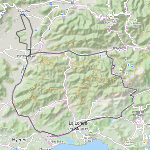 Zemljevid v pomanjšavi "Kolesarjenje ob Obali" kolesarske inspiracije v Provence-Alpes-Côte d’Azur, France. Generirano z načrtovalcem kolesarskih poti Tarmacs.app