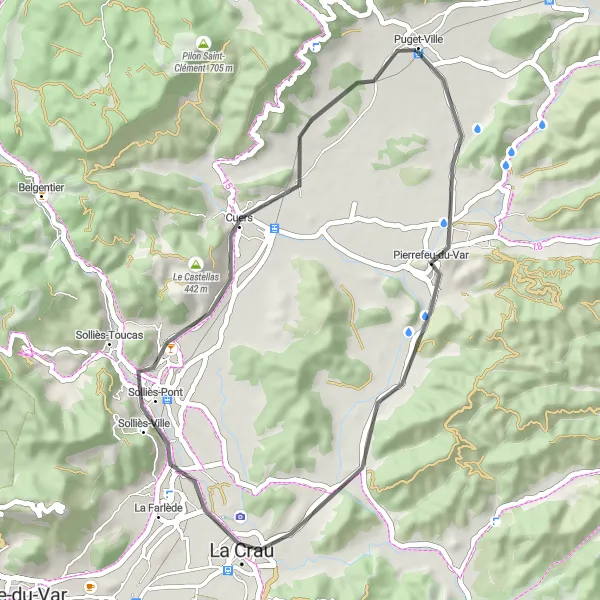 Miniature de la carte de l'inspiration cycliste "La Route des Collines" dans la Provence-Alpes-Côte d’Azur, France. Générée par le planificateur d'itinéraire cycliste Tarmacs.app