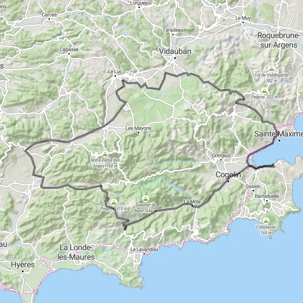Miniature de la carte de l'inspiration cycliste "Les collines du Massif des Maures" dans la Provence-Alpes-Côte d’Azur, France. Générée par le planificateur d'itinéraire cycliste Tarmacs.app