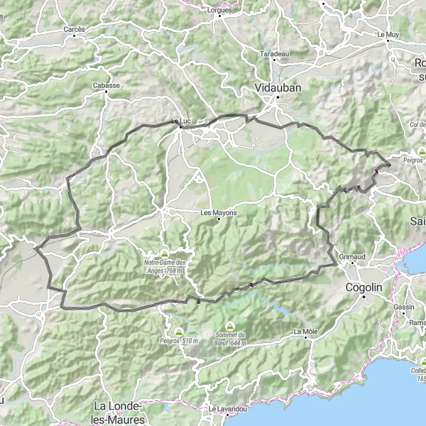 Mapa miniatúra "Cestná cyklotrasa Carnoules - Montaud" cyklistická inšpirácia v Provence-Alpes-Côte d’Azur, France. Vygenerované cyklistickým plánovačom trás Tarmacs.app