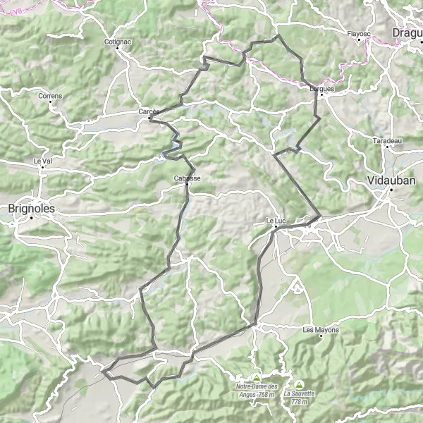 Miniatua del mapa de inspiración ciclista "Ruta de las Colinas y Valles" en Provence-Alpes-Côte d’Azur, France. Generado por Tarmacs.app planificador de rutas ciclistas