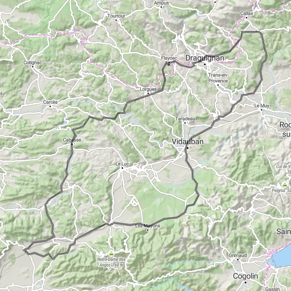 Map miniature of "Challenging Road Cycling Route from Carnoules to Vidauban" cycling inspiration in Provence-Alpes-Côte d’Azur, France. Generated by Tarmacs.app cycling route planner