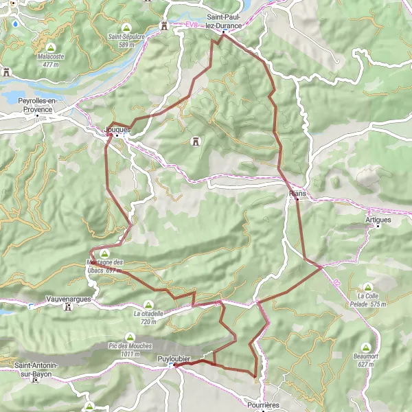 Miniatua del mapa de inspiración ciclista "Ruta de Grava a través de los Picos de Provence" en Provence-Alpes-Côte d’Azur, France. Generado por Tarmacs.app planificador de rutas ciclistas