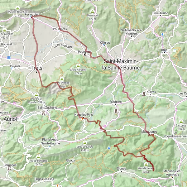 Mapa miniatúra "Výzva cez Saint-Jean du Puy, Nans-les-Pins" cyklistická inšpirácia v Provence-Alpes-Côte d’Azur, France. Vygenerované cyklistickým plánovačom trás Tarmacs.app