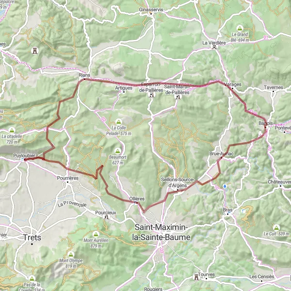 Zemljevid v pomanjšavi "Gorska pustolovščina okoli Puyloubierja" kolesarske inspiracije v Provence-Alpes-Côte d’Azur, France. Generirano z načrtovalcem kolesarskih poti Tarmacs.app