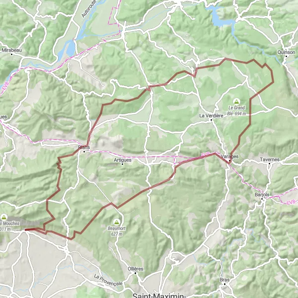 Miniatuurkaart van de fietsinspiratie "Grindpadroute van Puyloubier naar Colles Gacharelles via Saint-Julien-le-Montagnier" in Provence-Alpes-Côte d’Azur, France. Gemaakt door de Tarmacs.app fietsrouteplanner