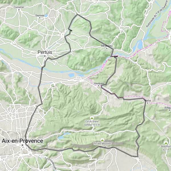 Karttaminiaatyyri "Maantiepyöräily Venellesiin ja takaisin" pyöräilyinspiraatiosta alueella Provence-Alpes-Côte d’Azur, France. Luotu Tarmacs.app pyöräilyreittisuunnittelijalla