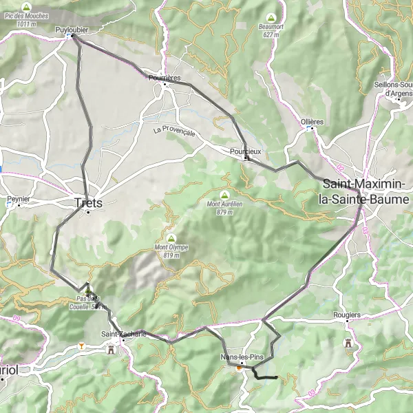 Miniatua del mapa de inspiración ciclista "Aventura en Carretera desde Puyloubier" en Provence-Alpes-Côte d’Azur, France. Generado por Tarmacs.app planificador de rutas ciclistas