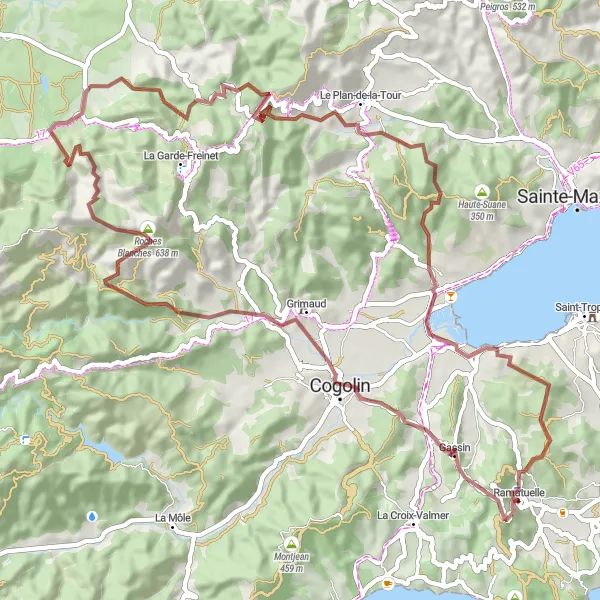 Kartminiatyr av "Grimaud og Roches Blanches Gravel Rundtur" sykkelinspirasjon i Provence-Alpes-Côte d’Azur, France. Generert av Tarmacs.app sykkelrutoplanlegger