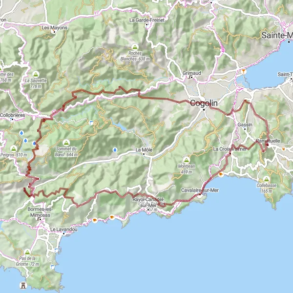 Karttaminiaatyyri "Ramatuelle - La Croix-Valmer - Pointe du Figuier - Col du Gratteloup - Col de Taillude - Cogolin" pyöräilyinspiraatiosta alueella Provence-Alpes-Côte d’Azur, France. Luotu Tarmacs.app pyöräilyreittisuunnittelijalla