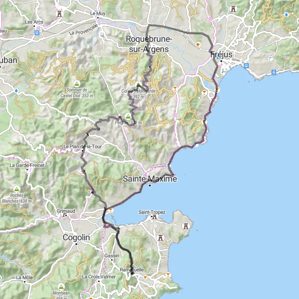 Miniatua del mapa de inspiración ciclista "Ruta en carretera a Roquebrune-sur-Argens y Ramatuelle" en Provence-Alpes-Côte d’Azur, France. Generado por Tarmacs.app planificador de rutas ciclistas