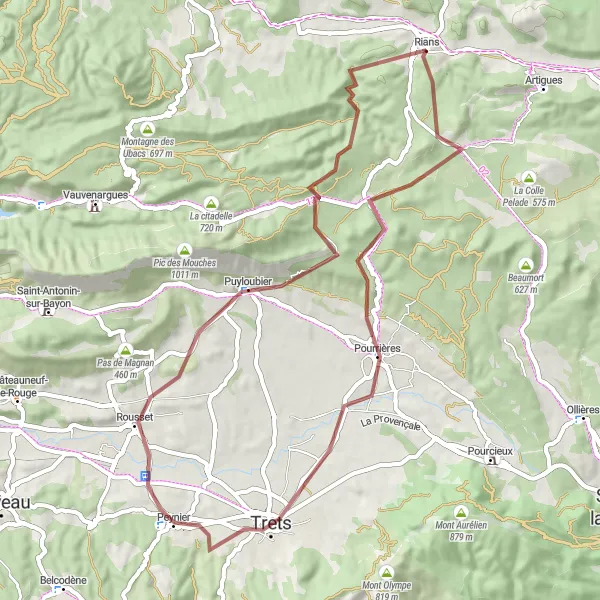 Zemljevid v pomanjšavi "Rians do Puyloubier" kolesarske inspiracije v Provence-Alpes-Côte d’Azur, France. Generirano z načrtovalcem kolesarskih poti Tarmacs.app
