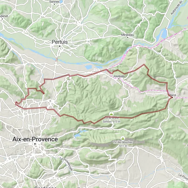 Zemljevid v pomanjšavi "Gravel pot do Meyrargues" kolesarske inspiracije v Provence-Alpes-Côte d’Azur, France. Generirano z načrtovalcem kolesarskih poti Tarmacs.app