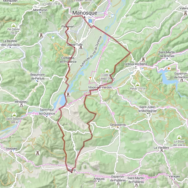Kartminiatyr av "Rians til Château de Cadarache Grusvei Sykkeltur" sykkelinspirasjon i Provence-Alpes-Côte d’Azur, France. Generert av Tarmacs.app sykkelrutoplanlegger