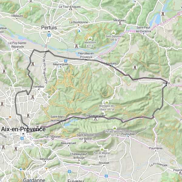 Miniatua del mapa de inspiración ciclista "Rians - Jouques - Le Devenson Cycling Route" en Provence-Alpes-Côte d’Azur, France. Generado por Tarmacs.app planificador de rutas ciclistas