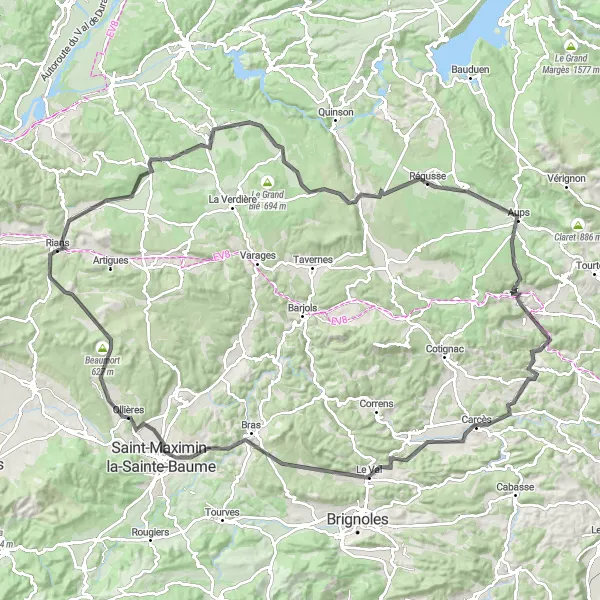Miniature de la carte de l'inspiration cycliste "Route des Châteaux et Villages" dans la Provence-Alpes-Côte d’Azur, France. Générée par le planificateur d'itinéraire cycliste Tarmacs.app