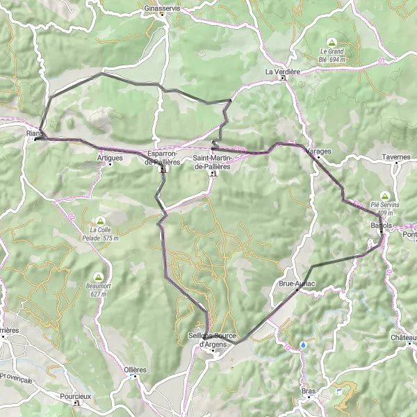Mapa miniatúra "Cesta okolo Rians (cestná)" cyklistická inšpirácia v Provence-Alpes-Côte d’Azur, France. Vygenerované cyklistickým plánovačom trás Tarmacs.app